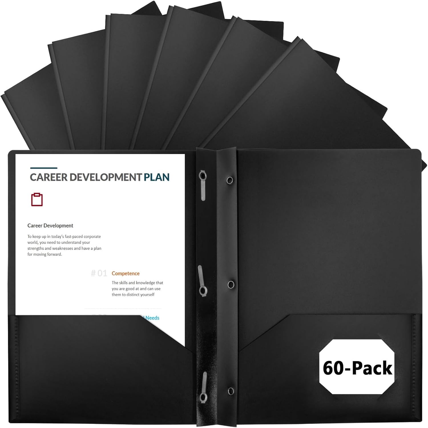 60-Pack Plastic Folders with Pockets and Prongs,2-Pocket Folders with 3 Fasteners, Folders Holds 8-1/2" x 11" Paper for School/Office/Home, Black