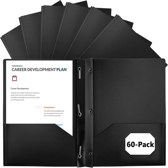 60-Pack Plastic Folders with Pockets and Prongs,2-Pocket Folders with 3 Fasteners, Folders Holds 8-1/2" x 11" Paper for School/Office/Home, Black