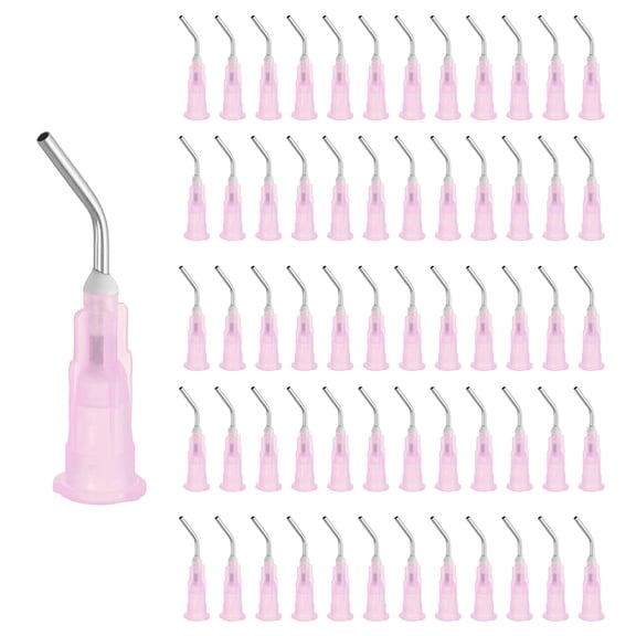 60 Pack Pre Bent Dispensing Needle Tips, 18 Gauge Stainless Steel 45 Degrees Bent Dispensing Tips 0.5" End Angled Blunt Dispenser Needle with Luer Slip, Pink
