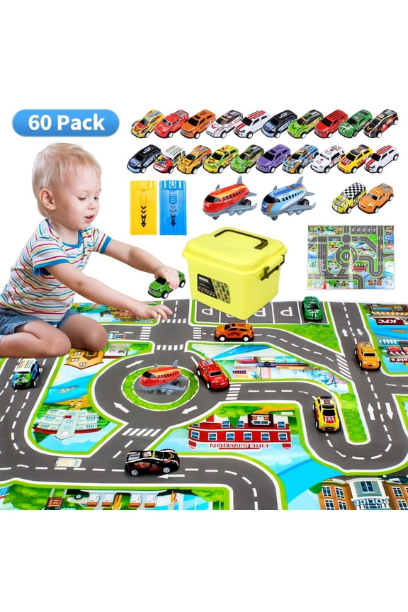 60 Pack Pull Back Toy Cars Planes with Storage Box Launcher & Map, Baby Toy Cars Race Cars Vehicles Party Favor Pinata Fillers Stocking Stuffers Birthday Gifts for Boys Girls Toddlers 2-5 Years Old