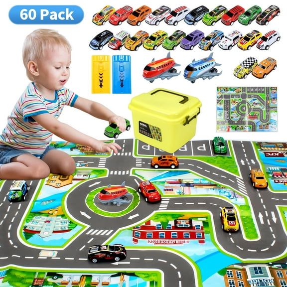 60 Pack Pull Back Toy Cars Planes with Storage Box Launcher & Map, Baby Toy Cars Race Cars Vehicles Party Favor Pinata Fillers Stocking Stuffers Birthday Gifts for Boys Girls Toddlers 2-5 Years Old