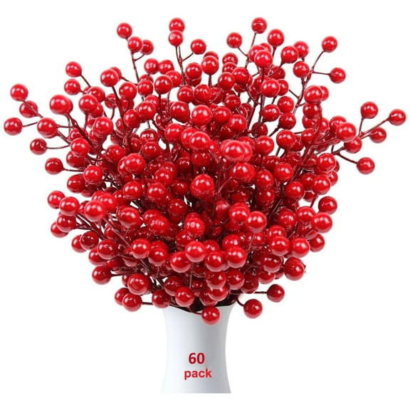 60 Pack Red Berry Stems, 8" Red Berries Branches for Christmas Tree, Artificial Xmas Berry Picks for Christmas Tree Ornaments Crafts Holiday Home Decor