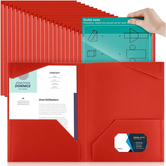 60 Pack Red Plastic File Folders with Clear Front Pockets, Dual Interior Pockets and Card Slot