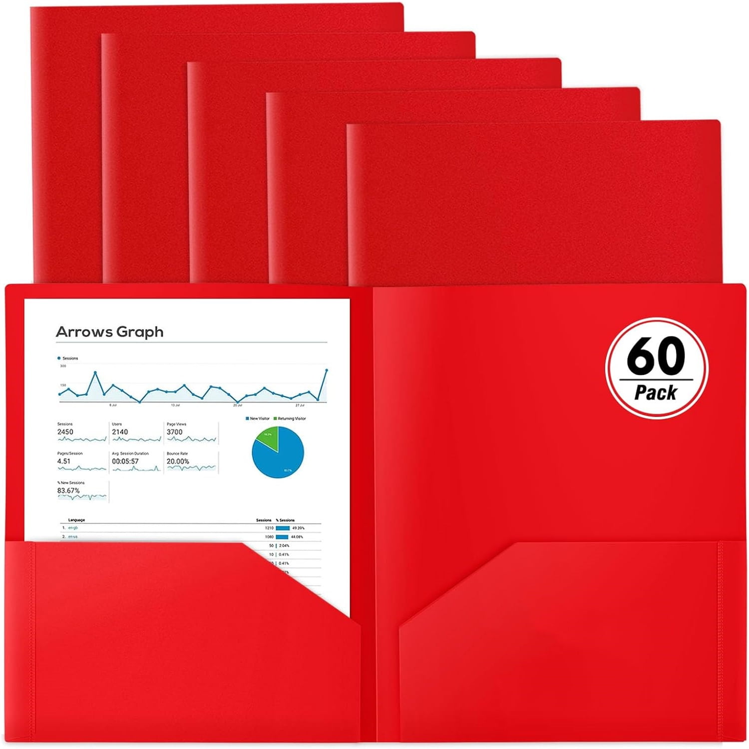 60-Pack Red Two-Pocket Letter-Size Plastic Folders with 1/4-Cut Top Tab