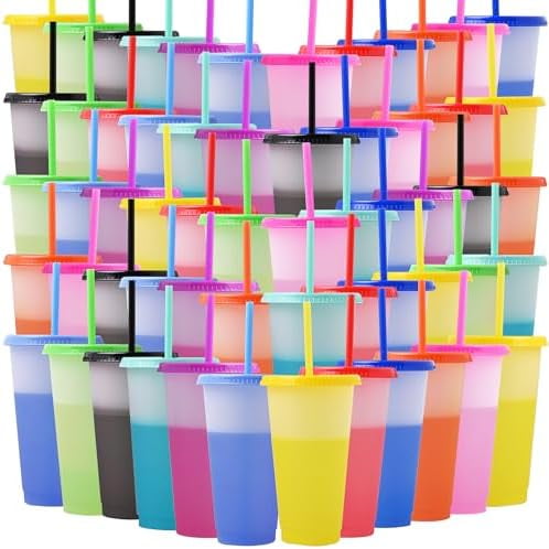 60 Pack Reusable Plastic Tumblers Bulk, 24 oz Color Changing Cups with Lids & Straws, Drink Water Cups Travel Mug Tumblers for Iced Beverage Water Smoothie Coffee Party(10 Colors)