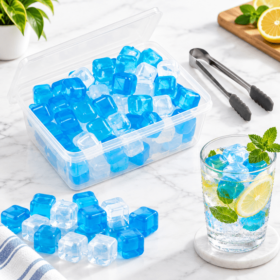 60 Pack Reusable Square Plastic Ice Cubes with Storage Clip and Case