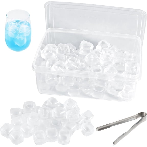 60 Pack Reusable White Plastic Square Ice Cubes, Filled with Purified Water, Includes 60 Pcs Reusable Ice Cubes, Transparent Box, Clip