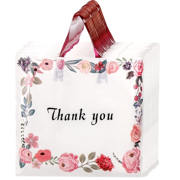 40 Pack Thank You Bag, Plastic Shopping Bag with Handles, 14'' x 12'' Spring Flowers Reusable Merchandise Bags, Gift bag for Boutique, Clothing, Retail, Party