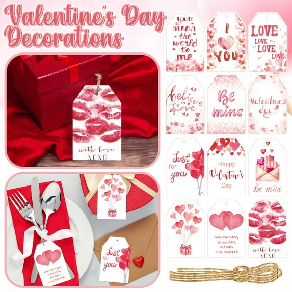 60-Pack Valentine's Day Heart Gift Tags - Romantic Wedding & Anniversary Favor Labels with Hemp Rope