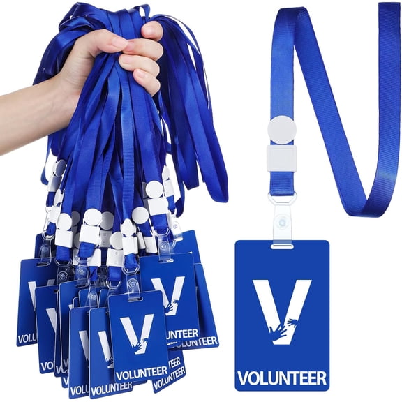 60 Pack Volunteer Lanyards with PVC Plastic Card, Blue Volunteer Badges Bulk Identification Pass Card for School, Church, Fundraising, Events, Activities