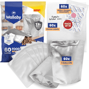 60 Wallaby Stand Up Mylar Bags with Zipper - Bundle - 1 Gallon (7.5 Mil) with 60 400cc Oxygen Absorbers, 60 Labels - Heat Sealable, Food Safe, Long Term Food Storage & Survival - Silver