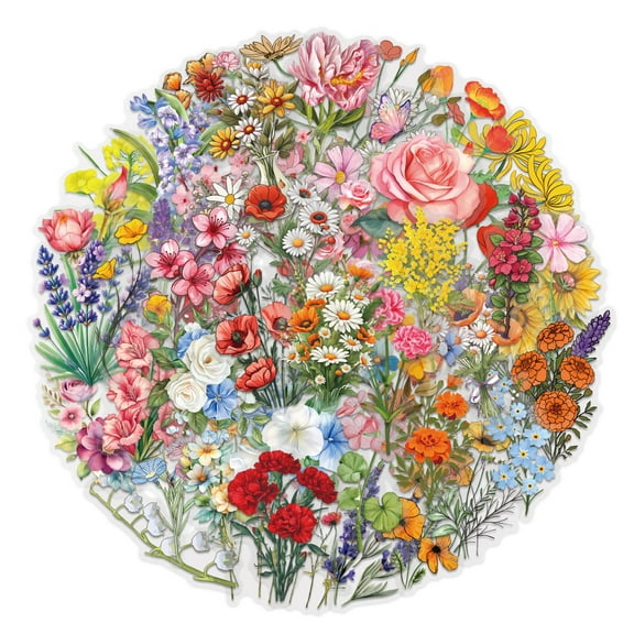 60-Pack Waterproof Floral Stickers - Aesthetic Ink Wash Flower Decals for Laptop, Water Bottle & Suitcase - Reusable Vinyl Sticker Set for Journal, Phone & DIY Crafts (5.5-8.5cm)