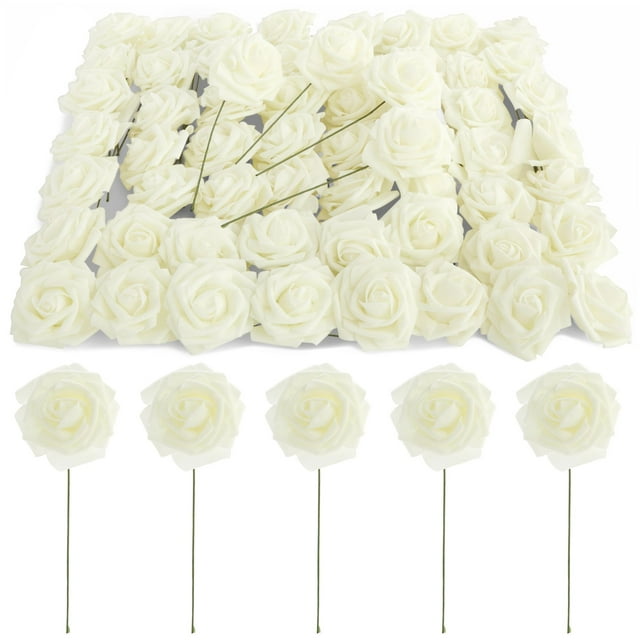 60 Pack White Artificial Roses with Stems, Fake Faux Flowers Heads Bulk ...