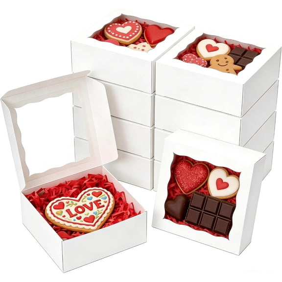 60 Pack White Cookie Boxes with Window, 4x4x2.5 Inches Small Bakery Boxes for Small Cookies, Treats, Desserts, Chocolate Covered Strawberries and Mini Cakes