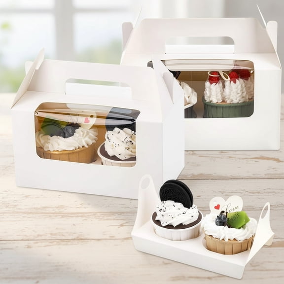 60 Pack White Paper Cupcake Boxes with Insert, Handle and Window, Portable Cupcake Muffin Containers, Gable Bakery Gift Boxes Party Favor Treat Boxes