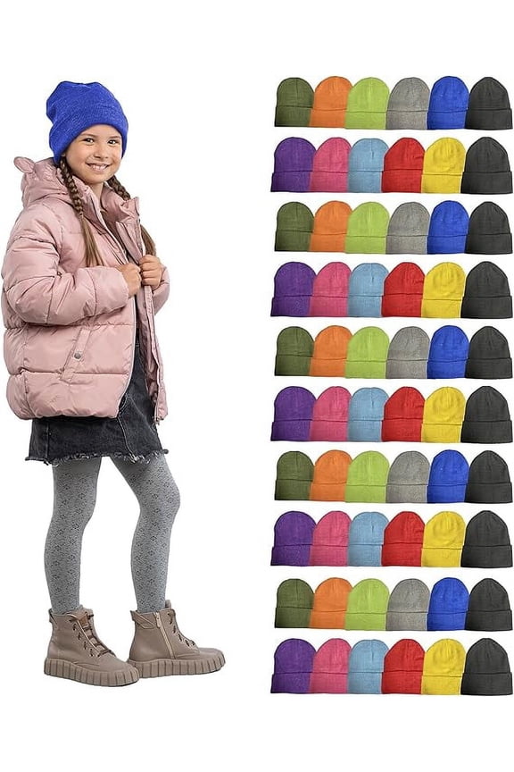 60 Pack of SOCKS'NBULK Wholesale Beanies, Bulk Thermal Winter Hat for Kids