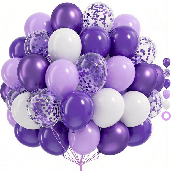 60 Packs 12 Inch Dark Purple Light Purple Metallic Chrome Purple Confetti Balloons for Girls Women Wedding Birthday Baby Shower Bridal Shower Bachelorette Decorations