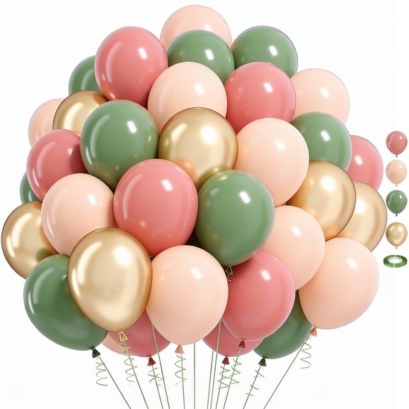 60 Packs 12 Inch Sage Green and Dusty Pink Metallic Gold Balloons, Sage Green Pink Olive Green Gold Balloons for Girls Birthdays Jungle Safari Baby Shower Woodland Party Decorations