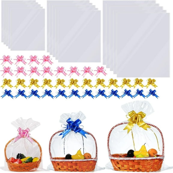 60 Packs Large Clear Cellophane Bags 14x20 18x24 24x30 Jumbo Gift Basket Wraps Extra-large Transparent Plastic Bags for Fruit Basket, Gift Wrap, Treats, Arts and Crafts, 60 pcs pull ribbon bow ties