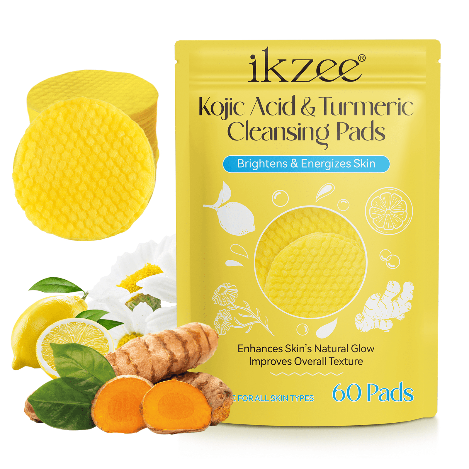 (60 Pads)Ikzee Turmeric Kojic Acid Pads - Cleansing Pads for Face, Suit ...