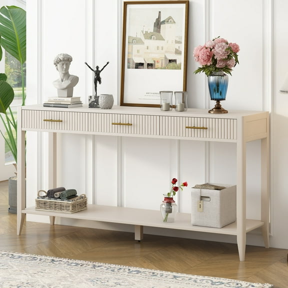 60" Painted Console Table with 3 Drawers,Wooden Entryway Table with Storage Shelf, Farmhouse Sofa Table for Living Room, Hallway,Entryway, Foyer, Corridor(Beige)