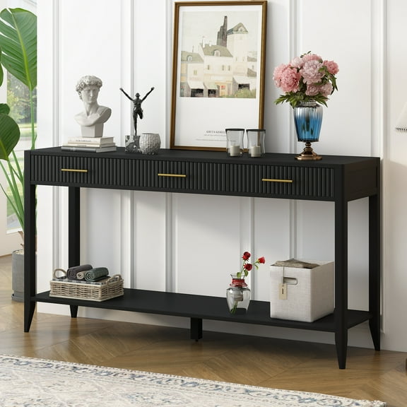 60" Painted Console Table with 3 Drawers,Wooden Entryway Table with Storage Shelf, Farmhouse Sofa Table for Living Room, Hallway,Entryway, Foyer, Corridor(Black)