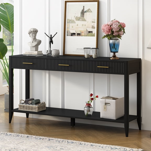 60" Painted Console Table with 3 Drawers and Storage Shelf – Farmhouse Entryway Table for Living Room, Hallway, Foyer, Black