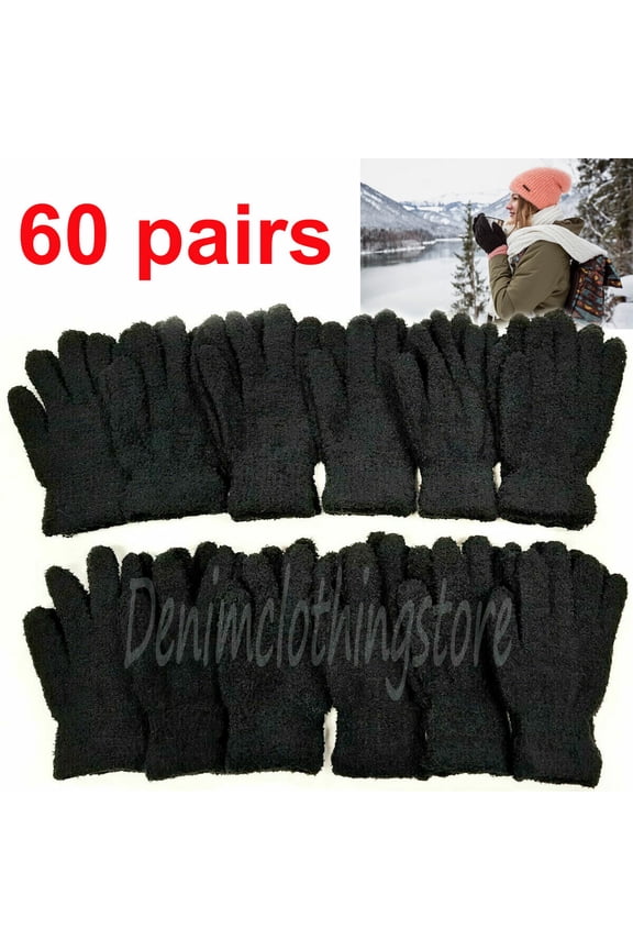 60 Pairs Men Women Black Fuzzy Cozy Warm Magic Winter Gloves Knit Wholesale Lot