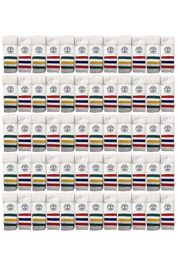 60 Pairs Of SOCKS'NBULK 26 Inch Wholesale Women's Cotton Referee Sport Tube Socks, Size 9-11 (White w/ Stripes)