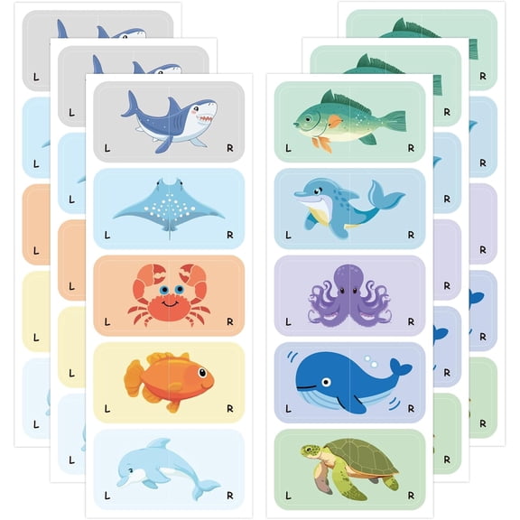 60 Pairs Shoe Stickers for Learning Left Right 3x1.5In Cute Self Adhesion Sea Animals Fish Labels Cartoon Sole Decal Waterproof PVC Protective Film