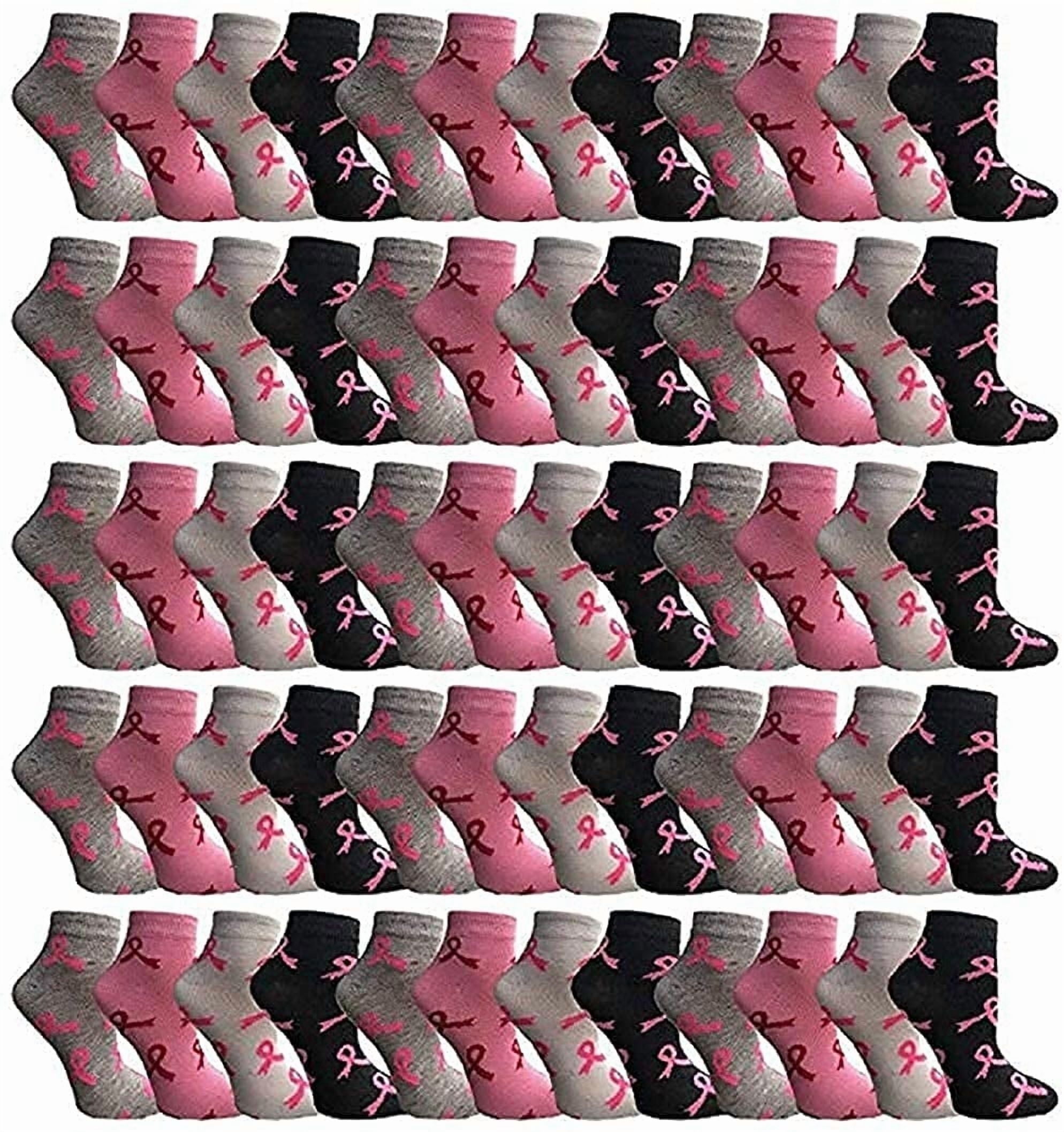 60 Pairs of Pink Ribbon Breast Cancer Awareness Ankle/Crew Socks for Women (Assorted Ankle)