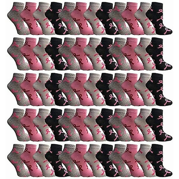 60 Pairs of Pink Ribbon Breast Cancer Awareness Ankle/Crew Socks for Women (Assorted Ankle)