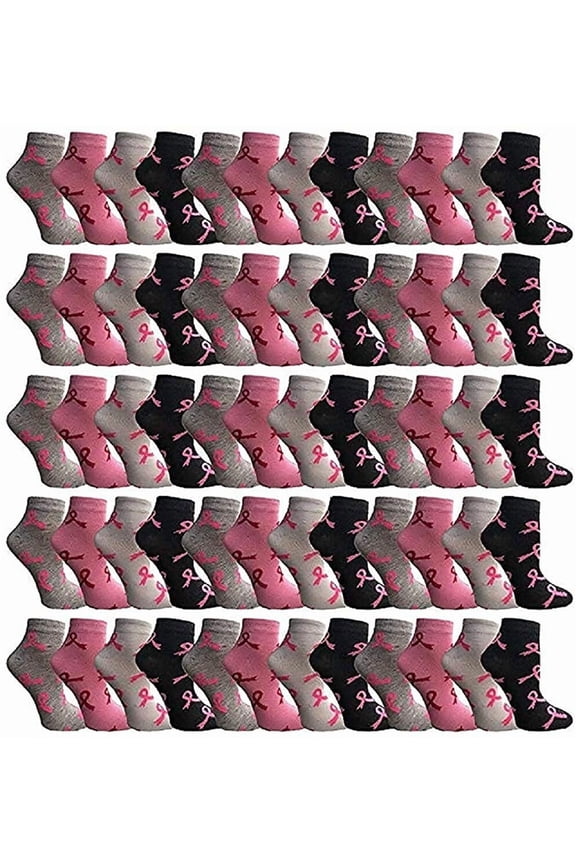 60 Pairs of Pink Ribbon Breast Cancer Awareness Ankle/Crew Socks for Women (Assorted Ankle)