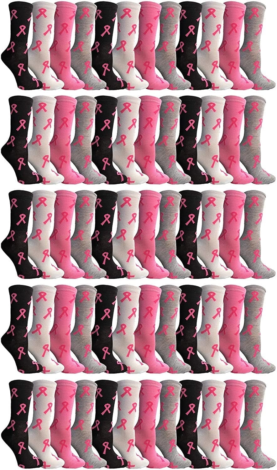 60 Pairs of Pink Ribbon Breast Cancer Awareness Ankle/Crew Socks for Women (Assorted (Crew))