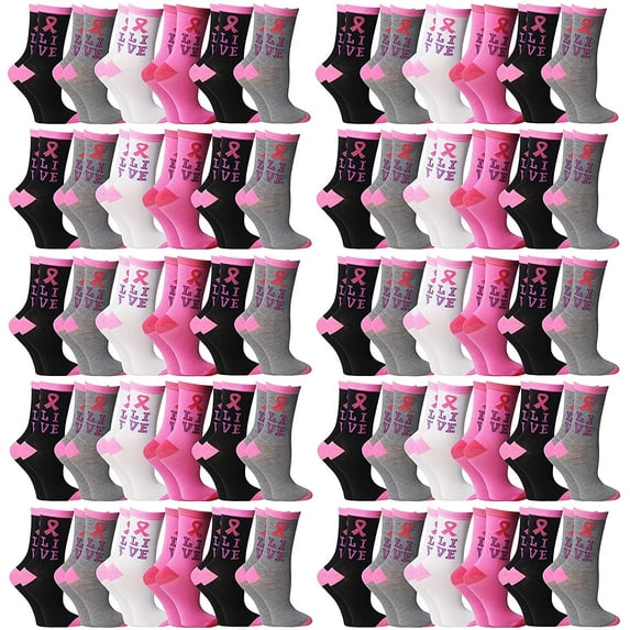 60 Pairs of Pink Ribbon Breast Cancer Awareness Ankle/Crew Socks for Women (Assorted Live)