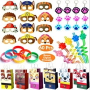 60 Pc Dog Paw Theme Party Supply Puppy Theme Paper Bags Wristband Straws Keychain Paw Favors For Kid Birthday
