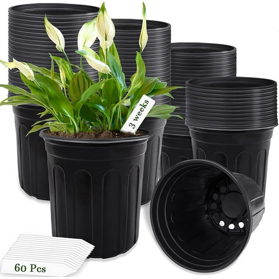 60 Pcs 1 Gallon Plant Nursery Pots,Plastic Pots with Drainage Holes,Garden Flower Container Seedling Pot with White Label for Planting,Cuttings,Transplanting,Home Garden(Black)