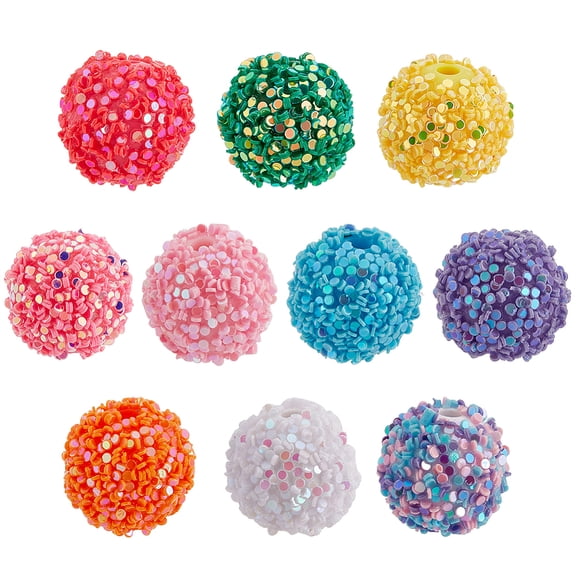 60 Pcs 10 Colors Glitter Focal Beads 16mm Round Acrylic Beads with Sequin Glitter Sugar Bubblegum Spacer Bulk Beads