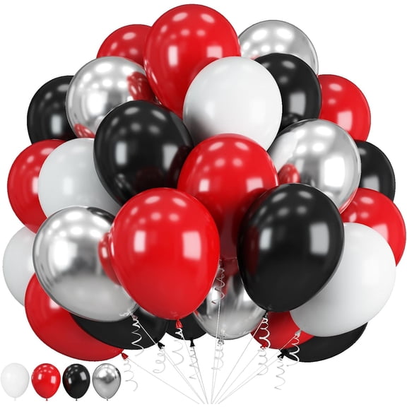 60 Pcs 12 Inch Double Stuffed Red, Matte Black & White Balloons with Metallic Silver Balloons, for Halloween, Vampire, Prom, New Year, Race Car and Poker Card Themed Party Decorations