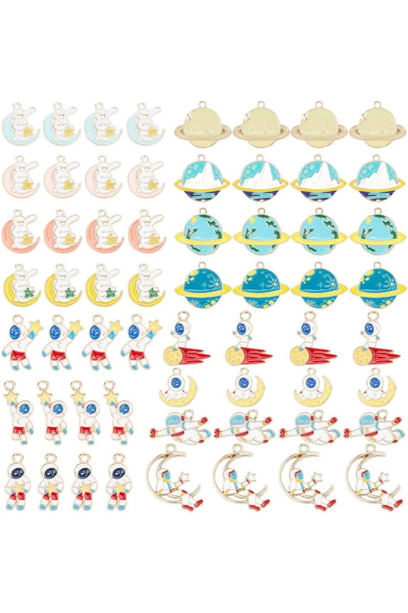60 Pcs 15 Styles Enamel Astronaut Space Charms Assorted Planet Moons Star with Rabbit and Spaceman Pendants Universe Celestial Charms for Bracelets Necklace Earring Jewelry Making