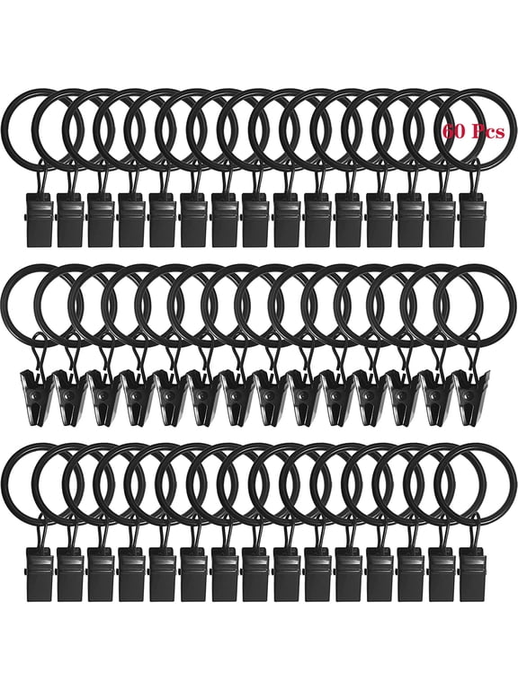 60 Pcs 1in Window Curtain Rings with Clip Rustproof Vintage for Bathroom Curtain,Black