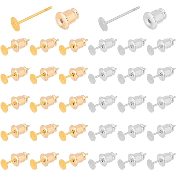 60 Pcs 2 Colors Blank Stud Earrings Platinum Golden Brass Earring Posts and Backs Earring Pin Studs with 80 Pcs Earring Backs