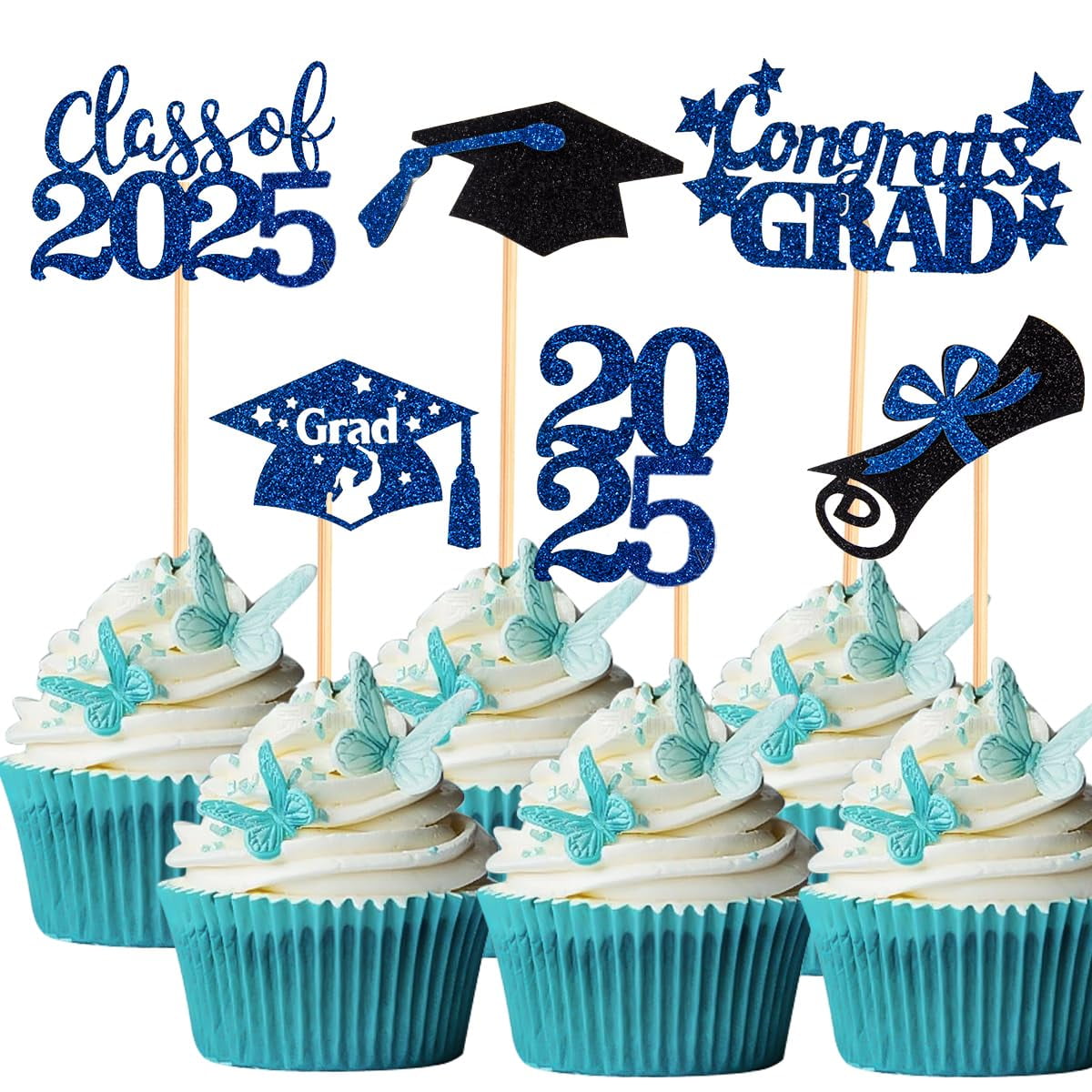 Class Of 2025 Graduation Cupcake Toppers - Green Glitter Grad Cap & Diploma Decorations (40 Pcs