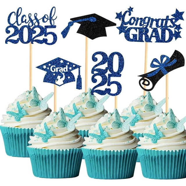 60 Pcs 2025 Graduation Cupcake Toppers,Glitter Class of 2025 Cupcake Toppers 2025 Congrats Grad Cap Diploma Cupcake Picks for Graduation Theme Party Cake Decorations,Gold