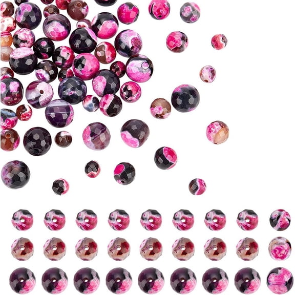 60 Pcs 3 Sizes Natural Fire Agate Beads Round Stone Beads Faceted Loose Gemstone Beads Charms for DIY Crafts Necklace Jewelry Making Magenta Colorful