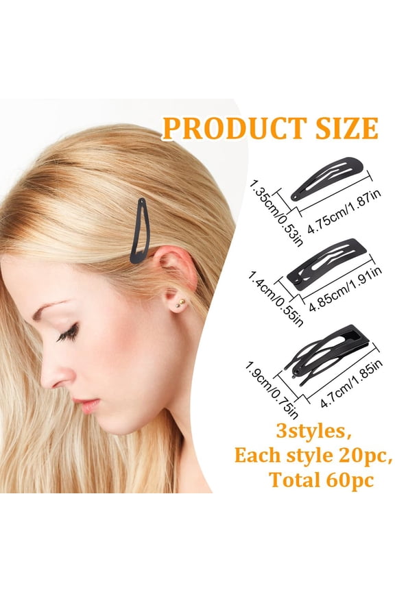 60 Pcs 3 Styles Snap Hair Clips Double Grip Hair Clips Metal Snap Clips Women Hair Barrettes Electrophoresis Black