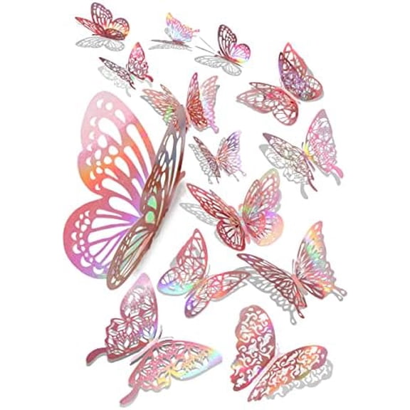 60 Pcs 3D Butterfly Wall Decor Stickers Iridescent Rose Gold Decorations Party, Holographic Butterflies Decor Butterfly Decals for Bedroom Classroom Wedding Decor DIY Gift