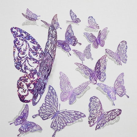 60 Pcs 3D Sequined Purple Butterfly Wall Decor Stickers, 5 Styles 3 Sizes, Holographic Butterfly Decor for Dorm Room & Wedding Party Birthday Decor