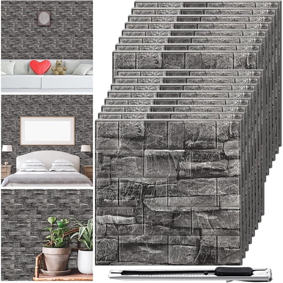 60 Pcs 58 Sq ft 3D Wall Panels Peel and Stick Faux Foam 3D Brick Wallpaper Faux Paneling Adhesive Wall Covering Panels Decorative Medieval Tiles Waterproof for Bedroom(Black Stone Color)