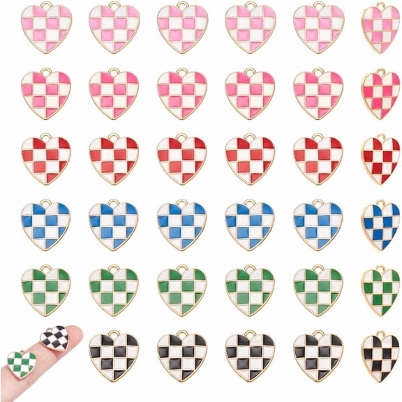 60 Pcs 6 Colors Valentine Heart Beads Heart Checkered Beads Alloy Enamel Pendants Love Heart Beads